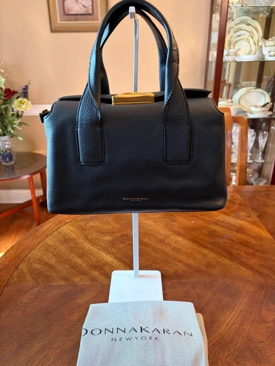 NWT Donna Karan Amagansett Black Leather Satchel w/ Jewelry like closure. - Picture 12 of 16